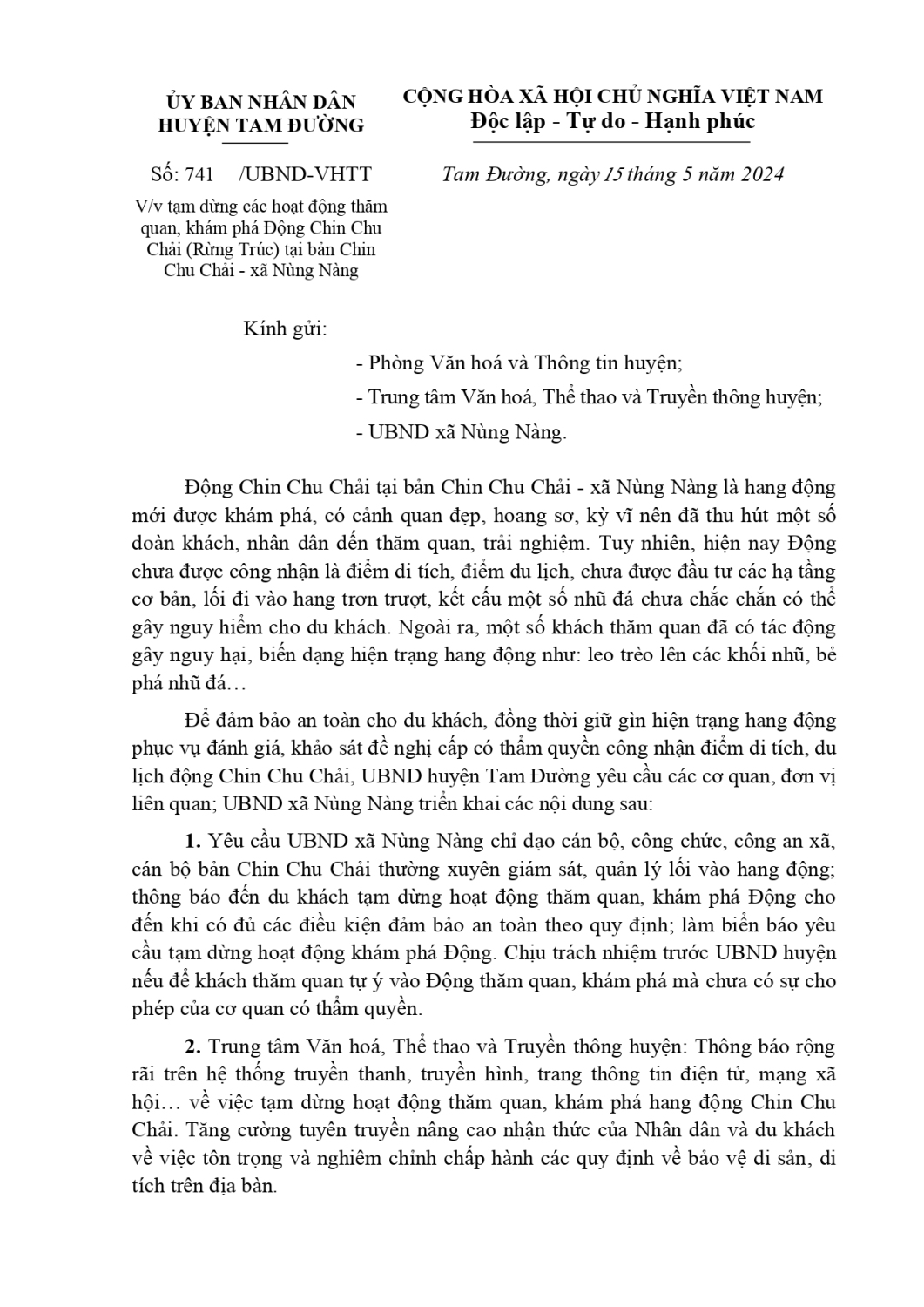 Công văn về việc tạm dừng các hoạt động thăm quan, khám phá Động tại bản Chin Chu Chải xã Nùng Nàng signed page 0001