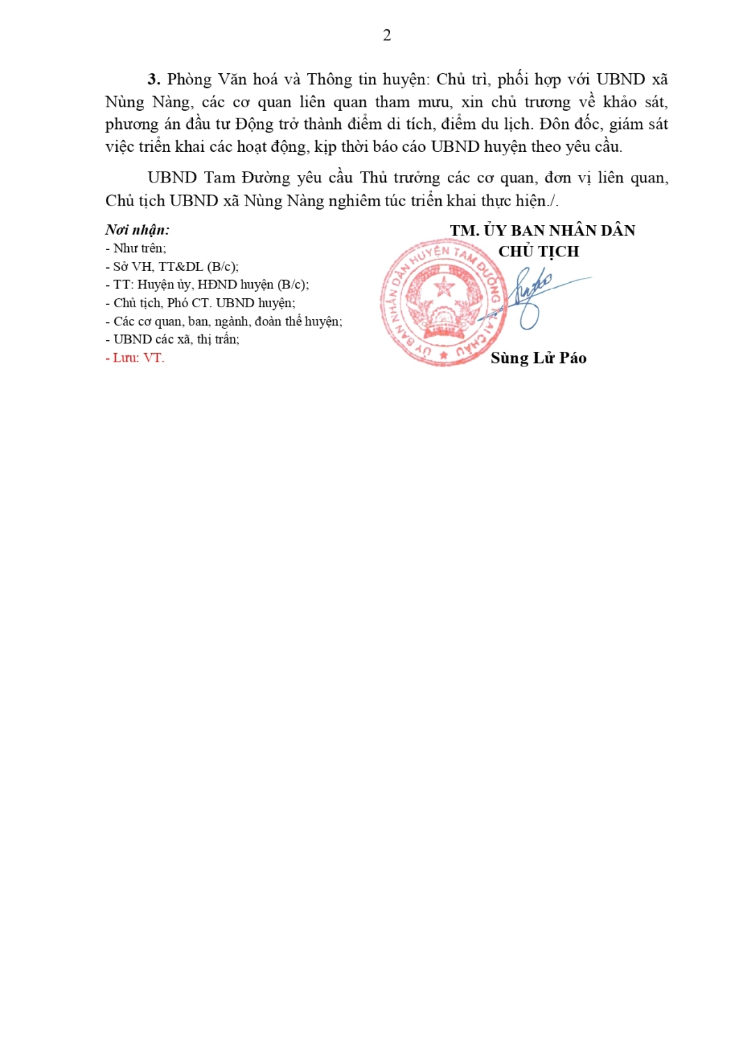 Công văn về việc tạm dừng các hoạt động thăm quan, khám phá Động tại bản Chin Chu Chải xã Nùng Nàng signed page 0002